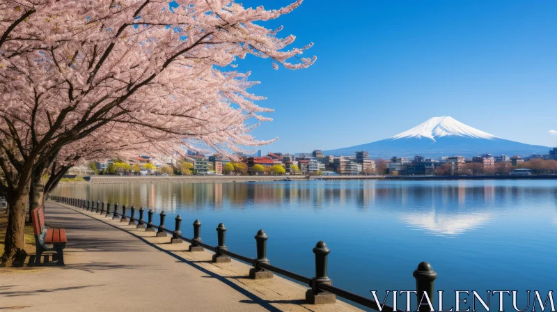 Serene Lake with a View of Mount Fuji and Vibrant Cherry Blossoms AI Image