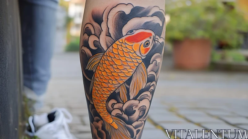 Orange Koi Fish Tattoo with Dark Waves AI Image