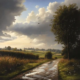 Peaceful Rural Landscape with Wet Road