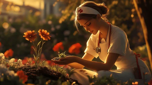 Hopeful Nurse in Blooming Garden