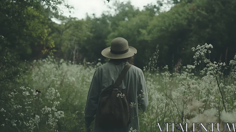 AI ART Person in hat with backpack in meadow