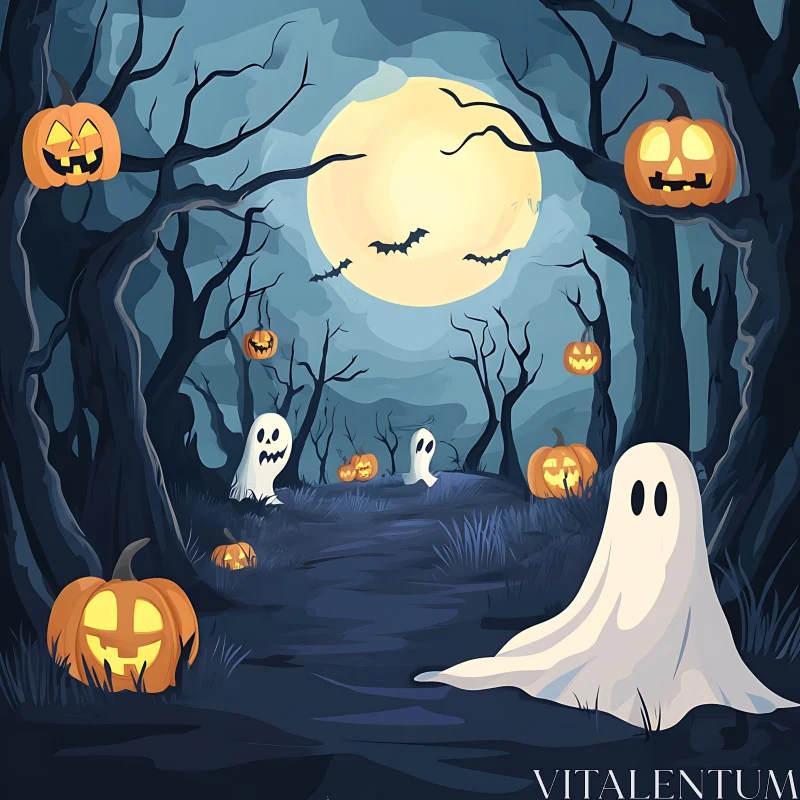 AI ART Halloween Night Scene with Ghosts and Pumpkins