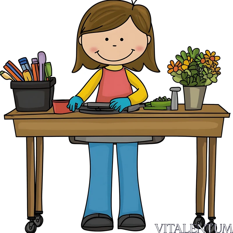 Girl at Craft Table Cartoon AI Image