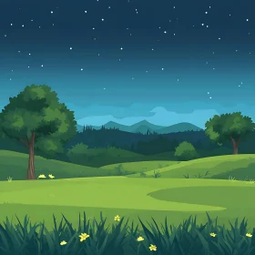 Peaceful Night Scene with Green Fields