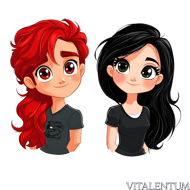 Animated Duo: Red and Black Haired Friends AI Image