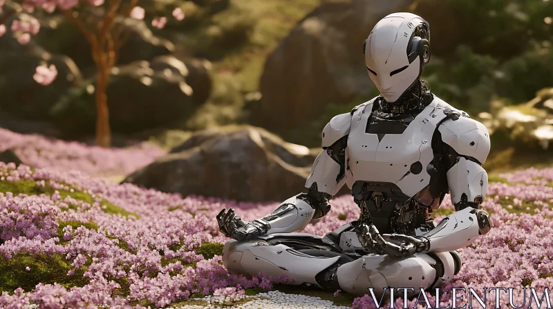 Humanoid Robot in Meditation Among Flowers AI Image