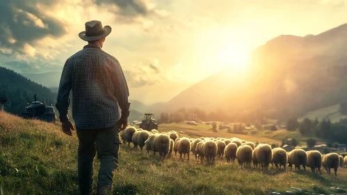 Rural Sunset with Sheep and Shepherd