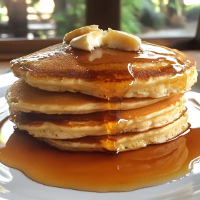 Golden Brown Pancakes with Syrup and Butter