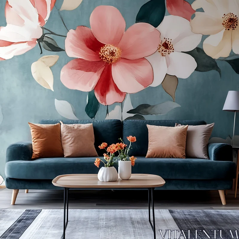 AI ART Living Room with Floral Wallpaper and Blue Sofa