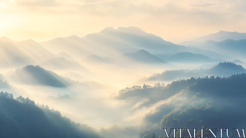 Serene Mountain Landscape with Sun Rays and Mist AI Image