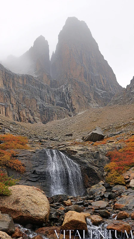 AI ART Majestic Mountain Scene with Mist and Waterfall in Autumn