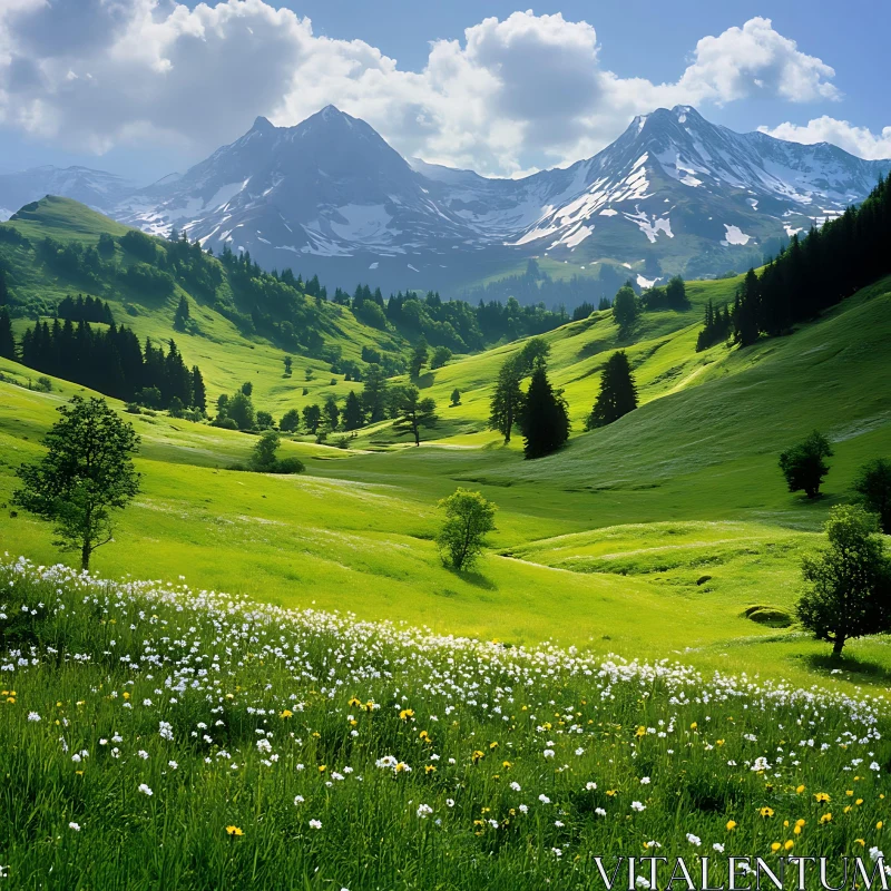 AI ART Green Meadow with Snow-Capped Mountains