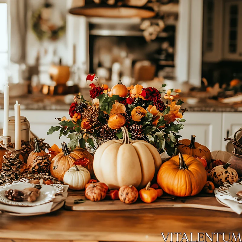 Fall Harvest Table with Pumpkins and Flowers AI Image