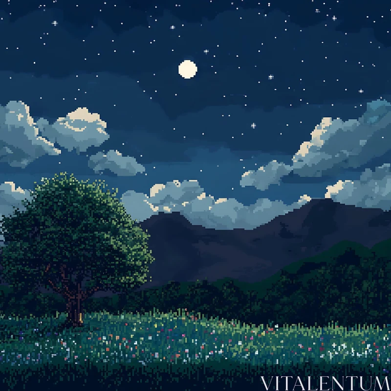 AI ART Starry Night Pixel Art Meadow Scene