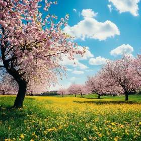 Pink Blossoms and Yellow Flowers Landscape