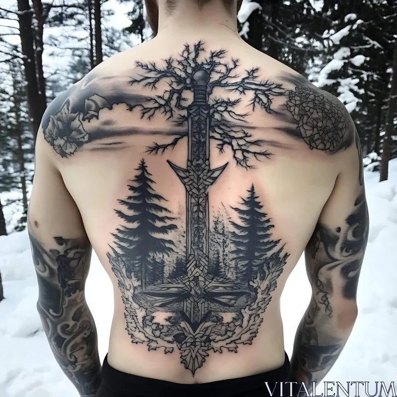 Mystical Forest Sword Tattoo on Back AI Image