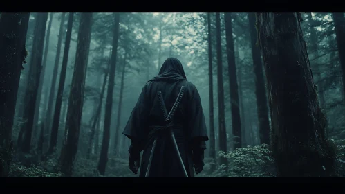 Cloaked Figure in Misty Forest with Swords