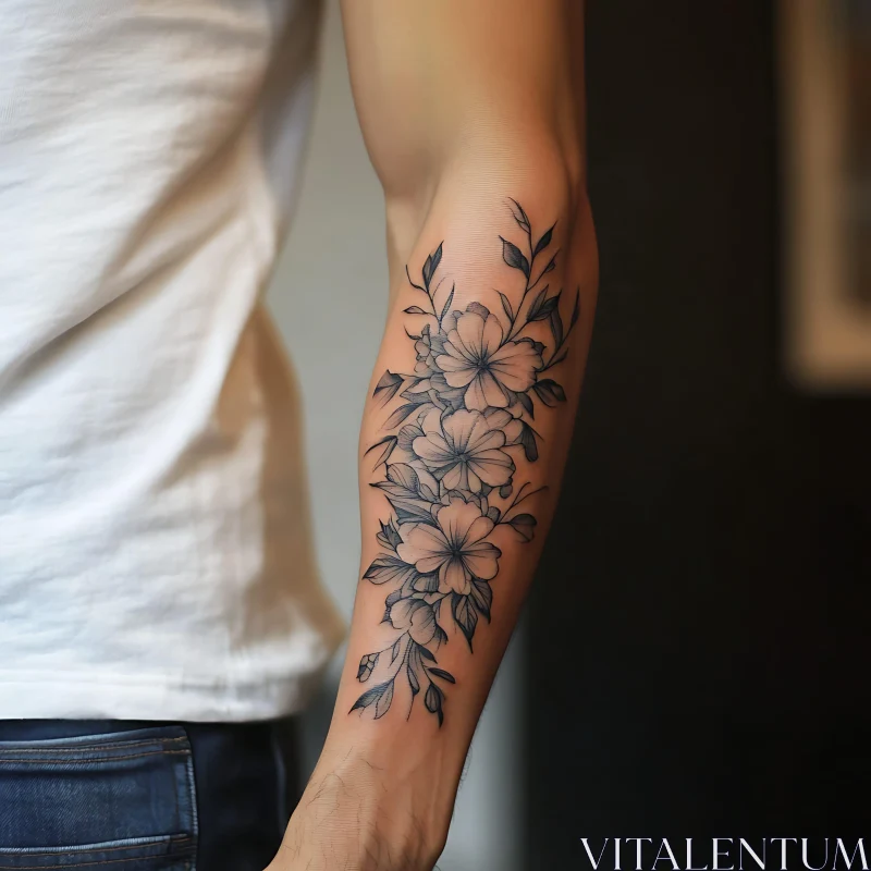 Detailed Black and Gray Floral Arm Tattoo AI Image