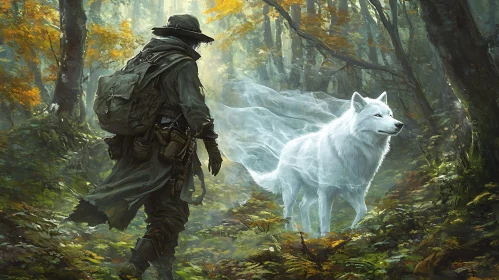 Man and Wolf in Autumn Forest