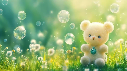 Teddy Bear with Bubbles in Field