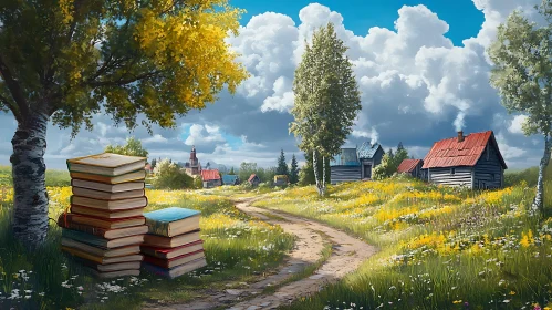 Idyllic Village Scene with Stacked Books