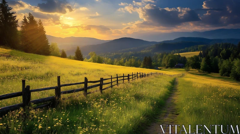 Scenic Field with Fence at Dusk AI Image