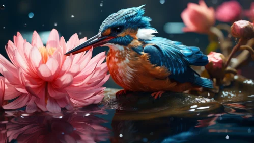Blue Kingfisher and Pink Flower near Water - Zbrush Style Art