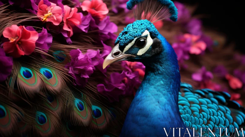 Blue Peacock Amidst Bright Flowers in Painterly Style AI Image