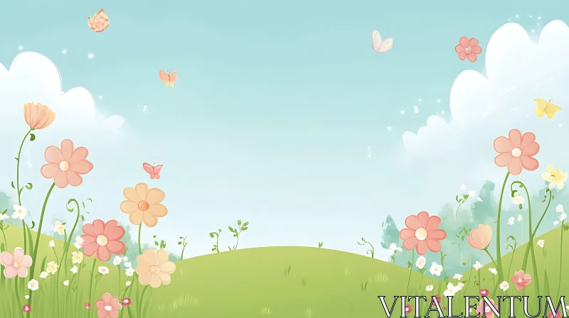 Floral Meadow with Butterflies Illustration AI Image