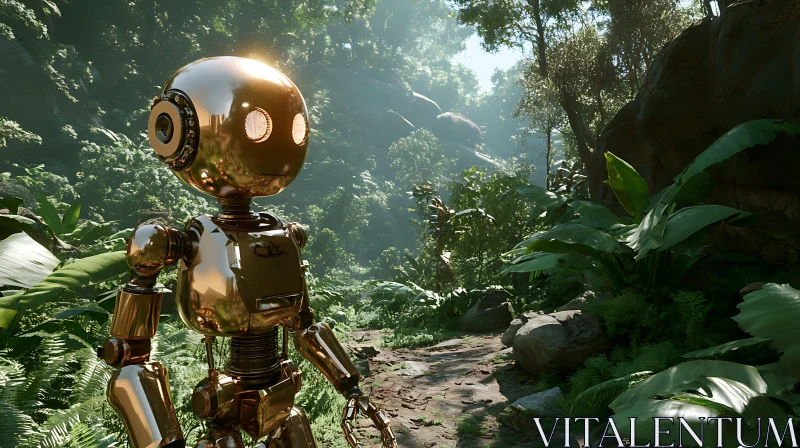 Golden Robot Amidst Greenery AI Image