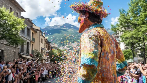 Colorful Street Festival with Masked Figure