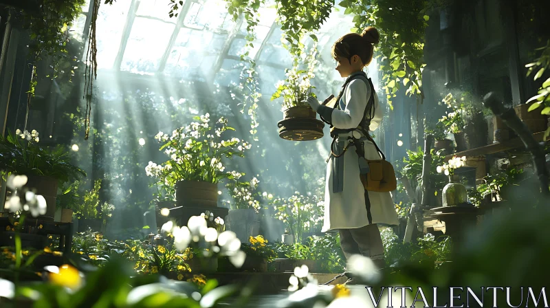 Sunlit Greenhouse with Woman and Flowers AI Image