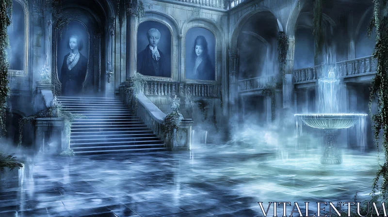 AI ART Misty Blue Hall with Portraits