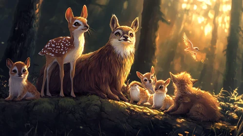 Whimsical Deer and Fox Gathering in Woods