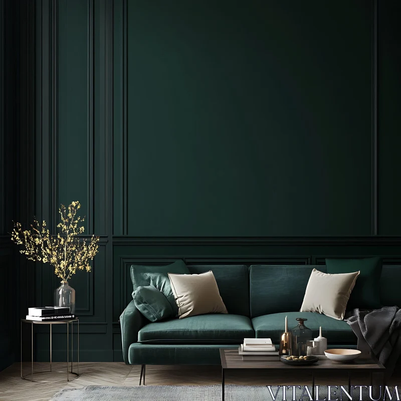 Modern Interior with Dark Green Accents AI Image