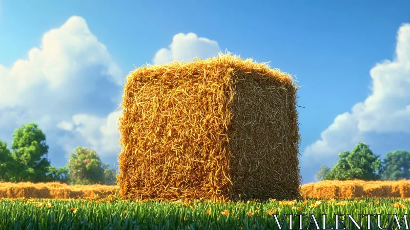 AI ART Golden Hay Bale on a Sunny Day