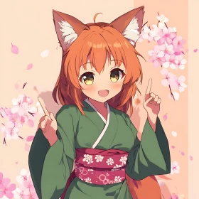 Cute Anime Fox Girl with Cherry Blossoms