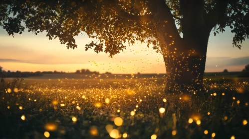 Sunset Meadow with Fireflies