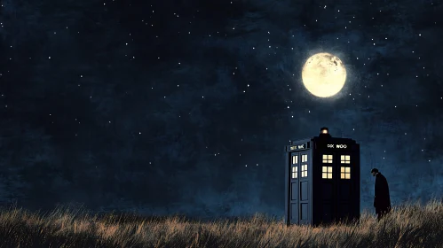 Night Scene with Police Box and Moon