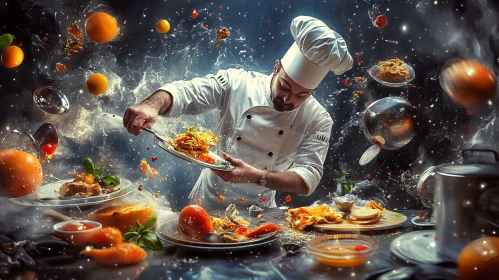 Chef in Action with Floating Ingredients