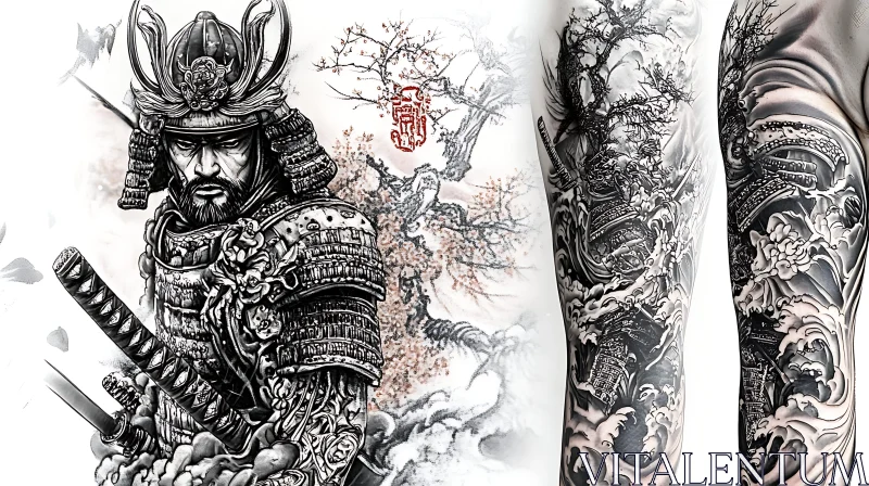 Intricate Samurai Tattoo Design with Cherry Blossoms AI Image