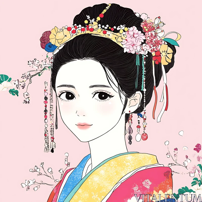 Anime Style Woman with Floral Adornments AI Image