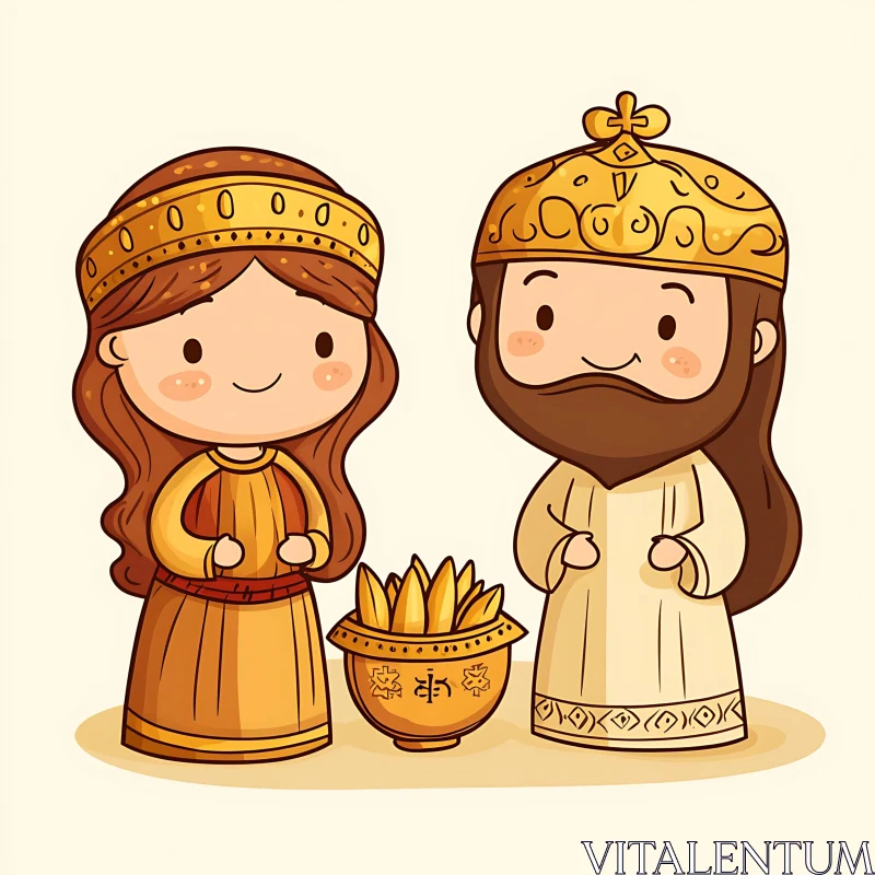 Cartoon King and Queen with Offering Bowl AI Image