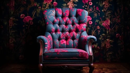 Cabincore Styled Floral Chair in Dark Pink and Aquamarine
