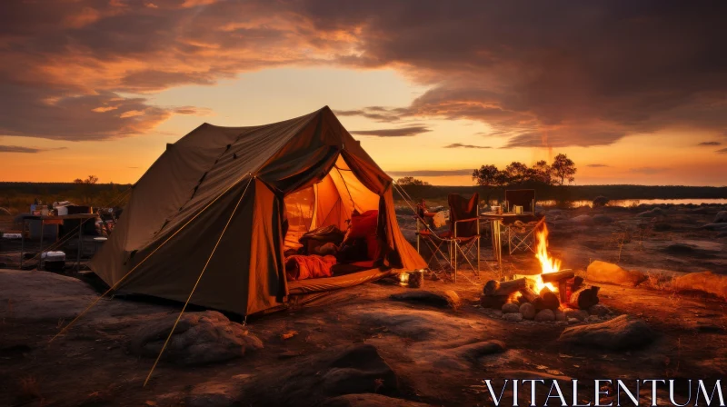 Captivating Scene: Tent under Campfire in a Desert | Orange and Beige Tones AI Image