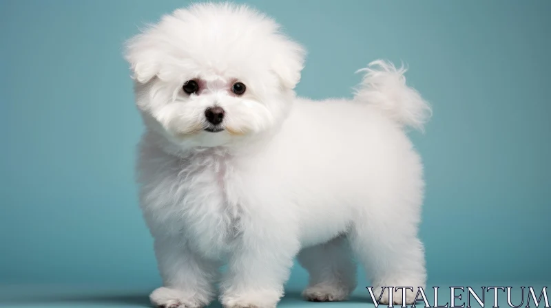 Cute White Puppy with Exaggerated Features on a Blue Background AI Image
