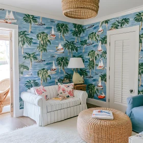 Nautical Themed Room with Palm Tree Wallpaper