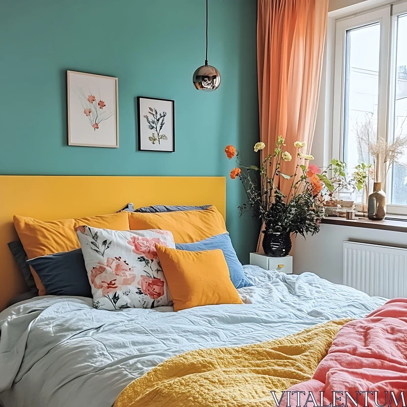 AI ART Cozy Bedroom with Yellow and Blue Decor