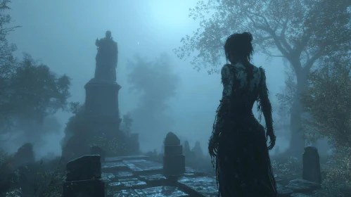 Foggy Graveyard with Woman and Statue