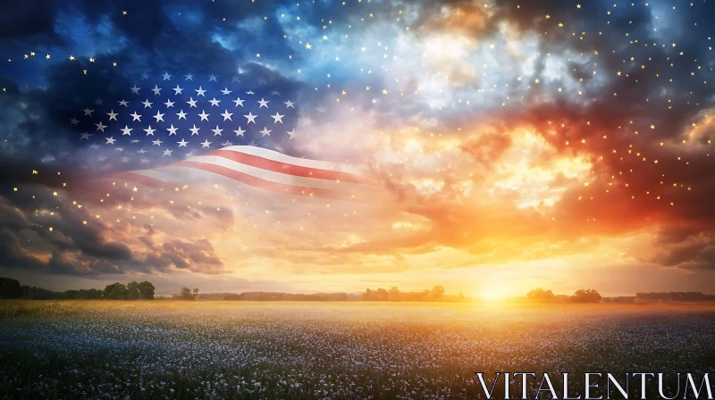 AI ART American Flag Sunset Field